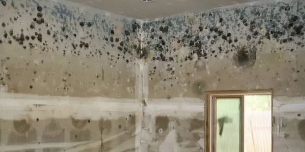 A room with walls covered in extensive black mold and water damage awaits inspection. On the right side, a window lets in light, starkly contrasting the surrounding decay.