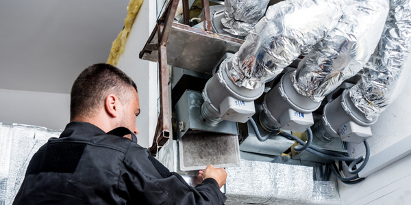 A technician in a black uniform conducts a meticulous inspection of a complex HVAC system, surrounded by multiple insulated pipes and ventilation ducts in a mechanical room. The focus is on his back as he investigates the equipment closely, ensuring no signs of mold are present.